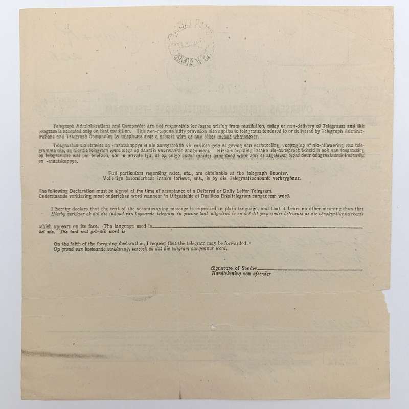Telegram dated 1947 with 7 South African stamps - A stock report from South Africa to USA