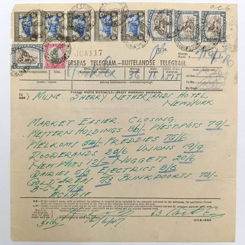 Telegram dated 1947 with 10 South African stamps - a stock report sent from South Africa to USA