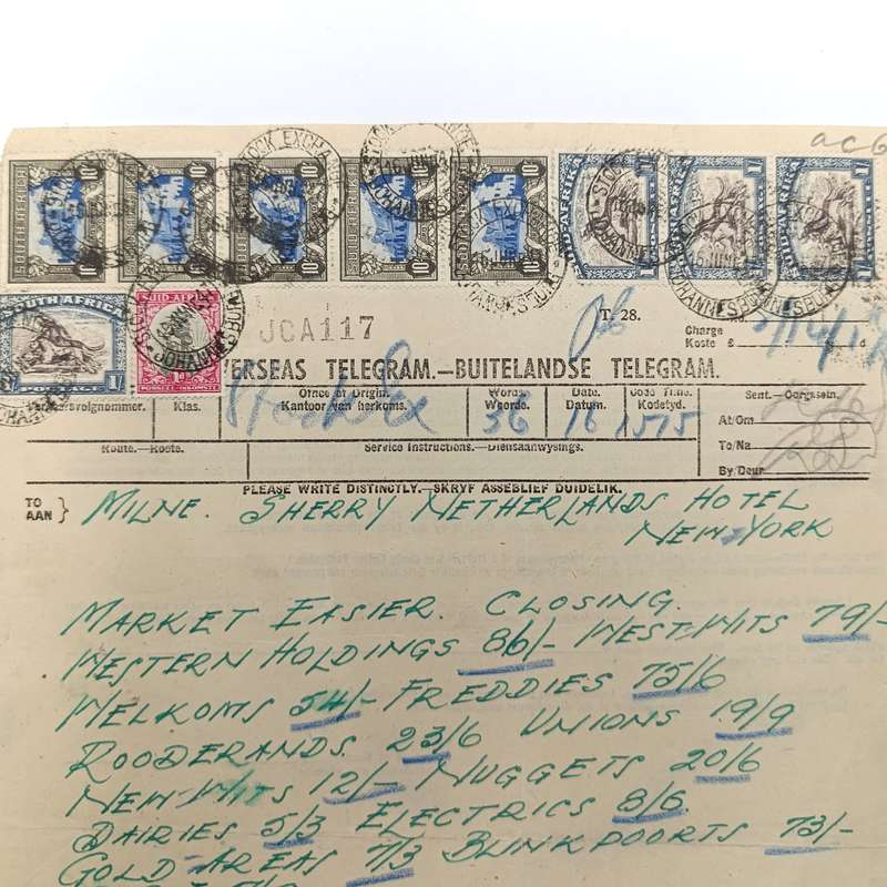 Telegram dated 1947 with 10 South African stamps - a stock report sent from South Africa to USA