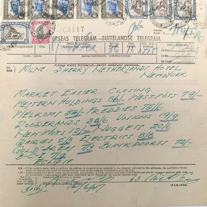 Telegram dated 1947 with 10 South African stamps - a stock report sent from South Africa to USA