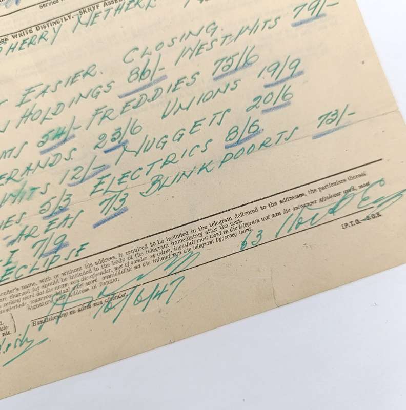 Telegram dated 1947 with 10 South African stamps - a stock report sent from South Africa to USA