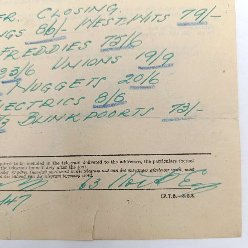 Telegram dated 1947 with 10 South African stamps - a stock report sent from South Africa to USA
