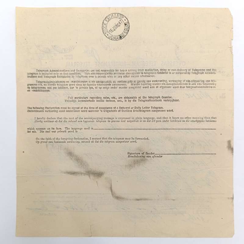 Telegram dated 1947 with 10 South African stamps - a stock report sent from South Africa to USA
