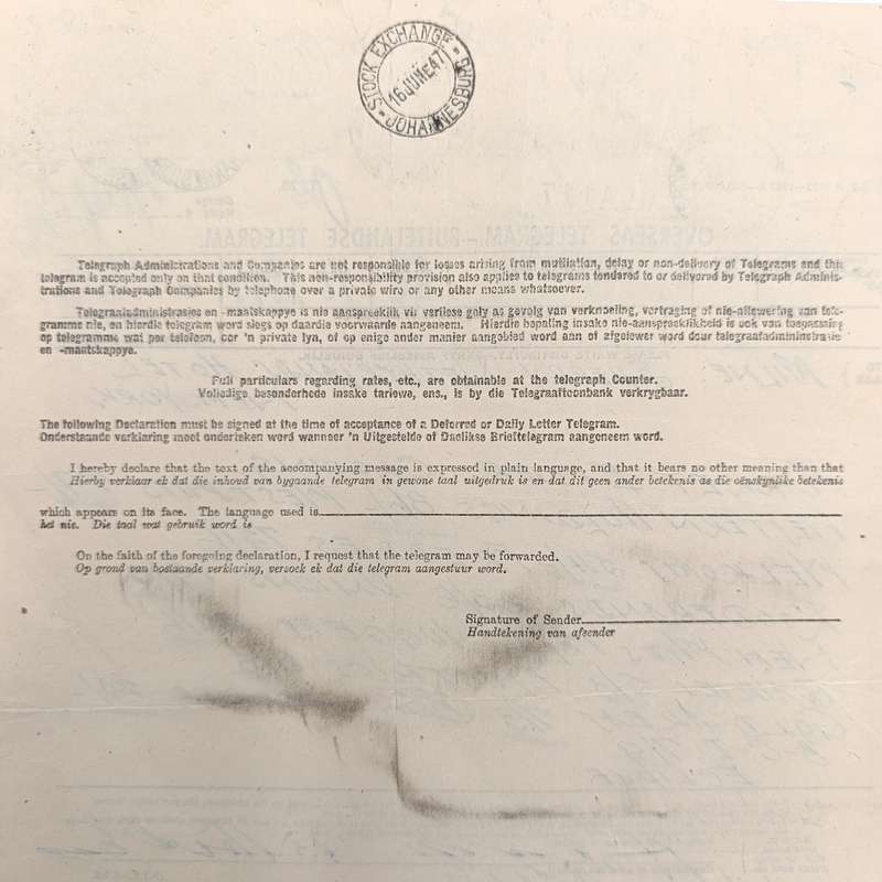 Telegram dated 1947 with 10 South African stamps - a stock report sent from South Africa to USA