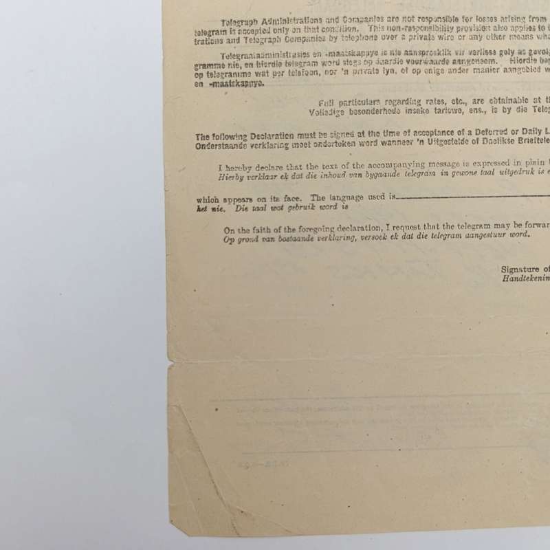 Telegram dated 1947 with 6 South African stamps - A stock report sent from South Africa to USA