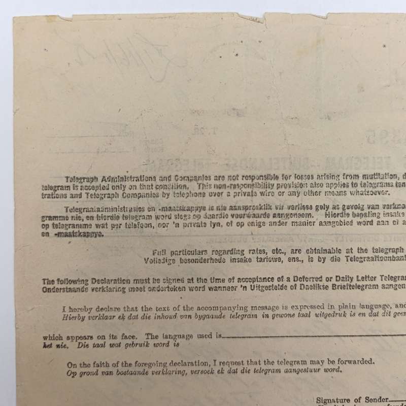 Telegram dated 1947 with 6 South African stamps - A stock report sent from South Africa to USA