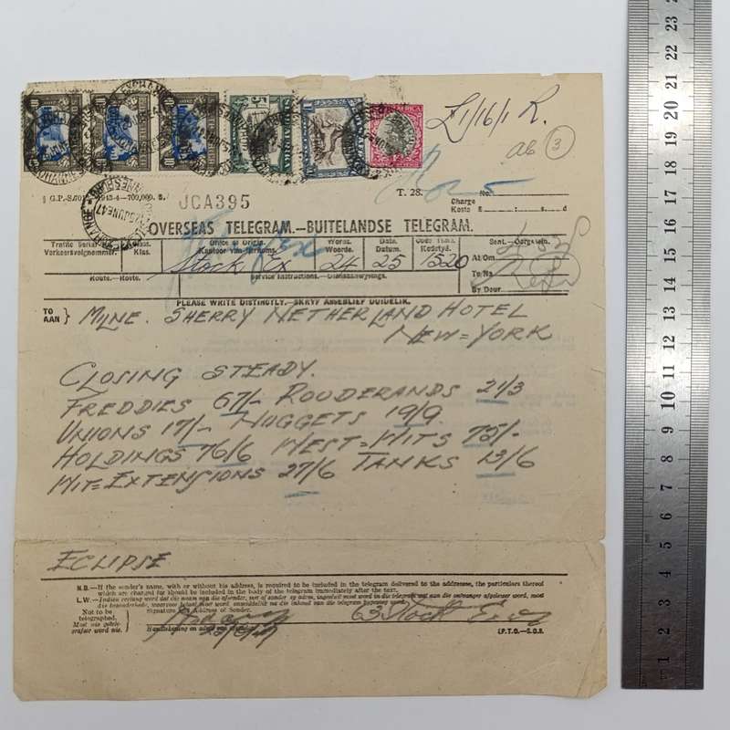 Telegram dated 1947 with 6 South African stamps - A stock report sent from South Africa to USA