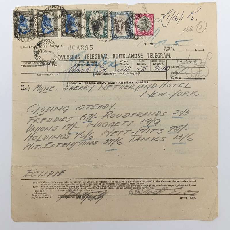 Telegram dated 1947 with 6 South African stamps - A stock report sent from South Africa to USA