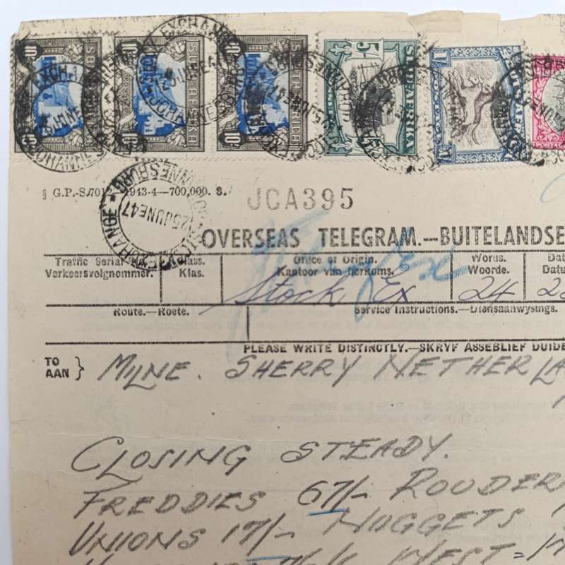Telegram dated 1947 with 6 South African stamps - A stock report sent from South Africa to USA