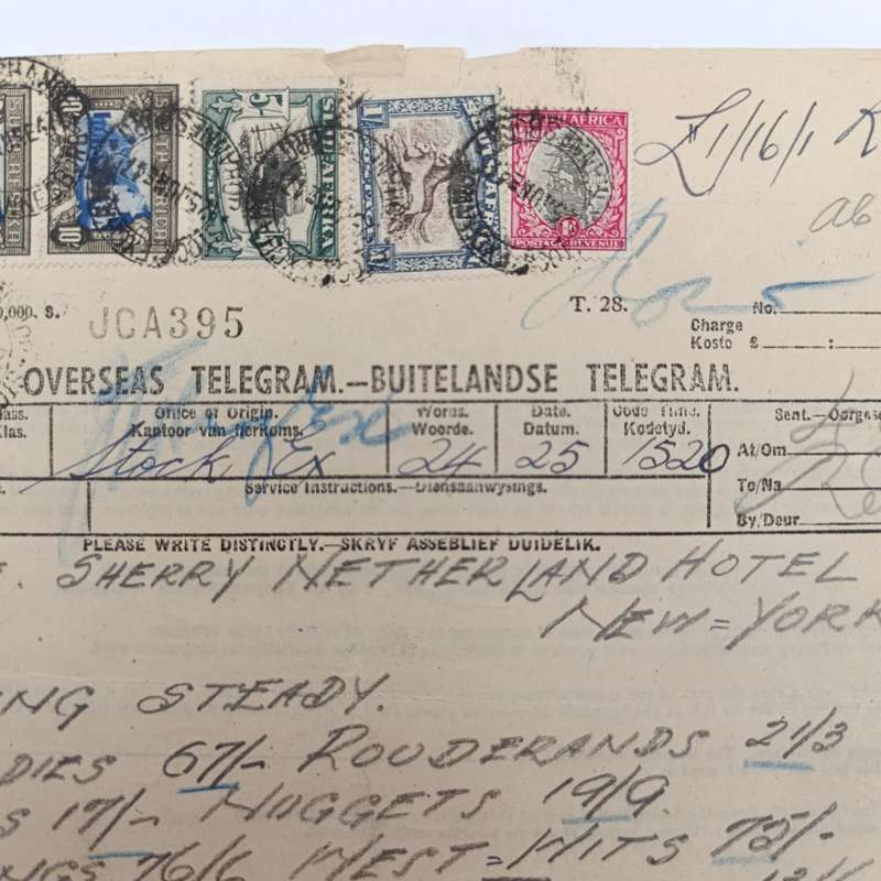 Telegram dated 1947 with 6 South African stamps - A stock report sent from South Africa to USA