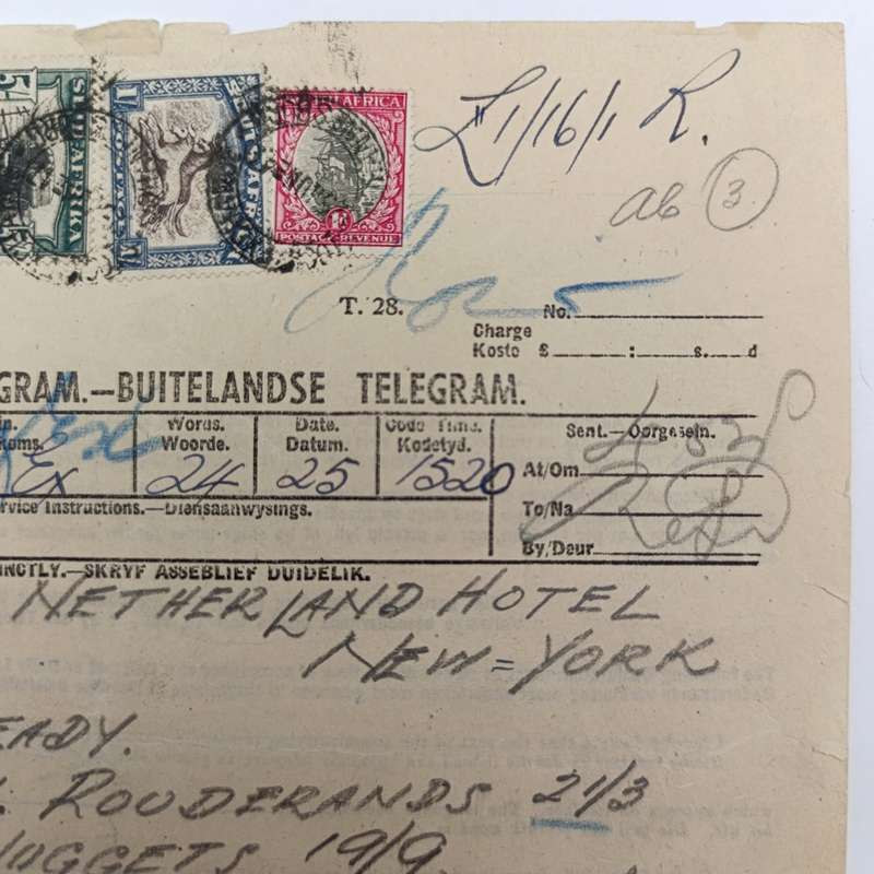 Telegram dated 1947 with 6 South African stamps - A stock report sent from South Africa to USA