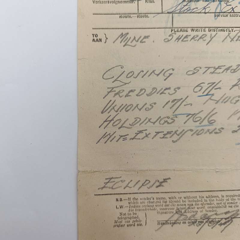 Telegram dated 1947 with 6 South African stamps - A stock report sent from South Africa to USA