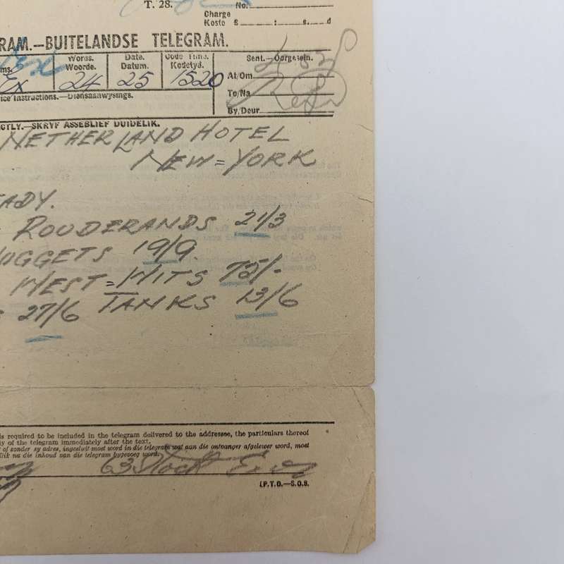 Telegram dated 1947 with 6 South African stamps - A stock report sent from South Africa to USA