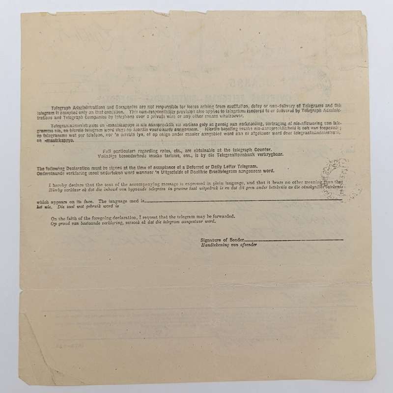 Telegram dated 1947 with 6 South African stamps - A stock report sent from South Africa to USA