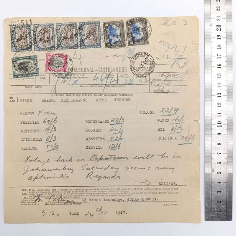 Telegram dated 1947 with 8 South African stamps - A stock report sent from South Africa to USA