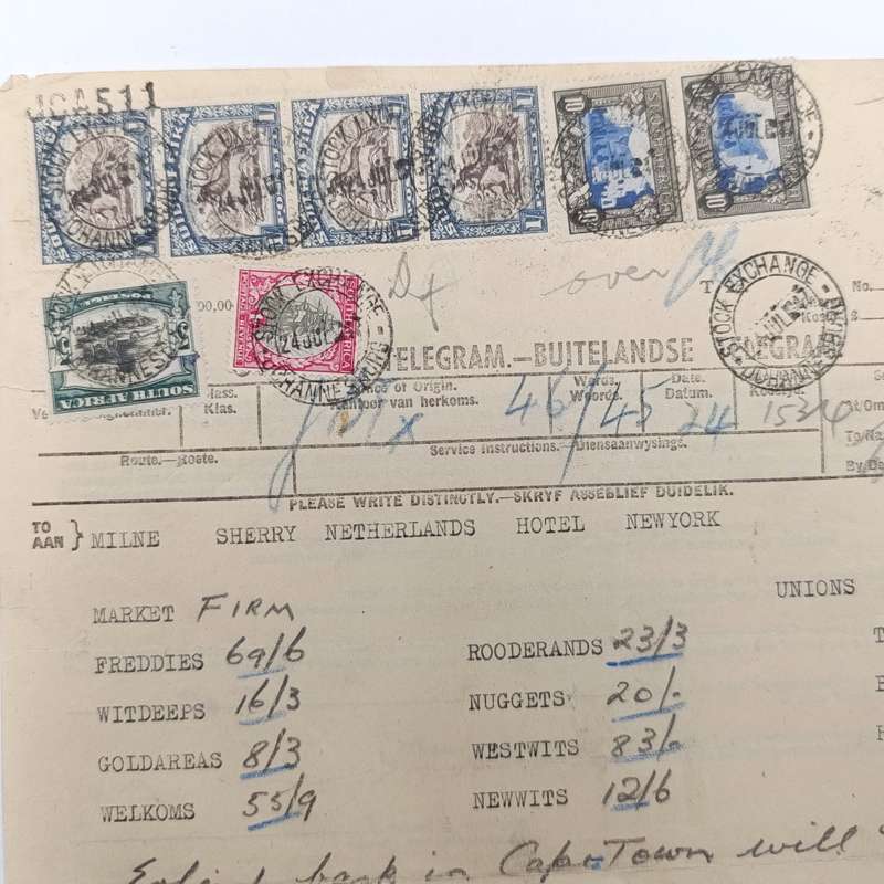 Telegram dated 1947 with 8 South African stamps - A stock report sent from South Africa to USA