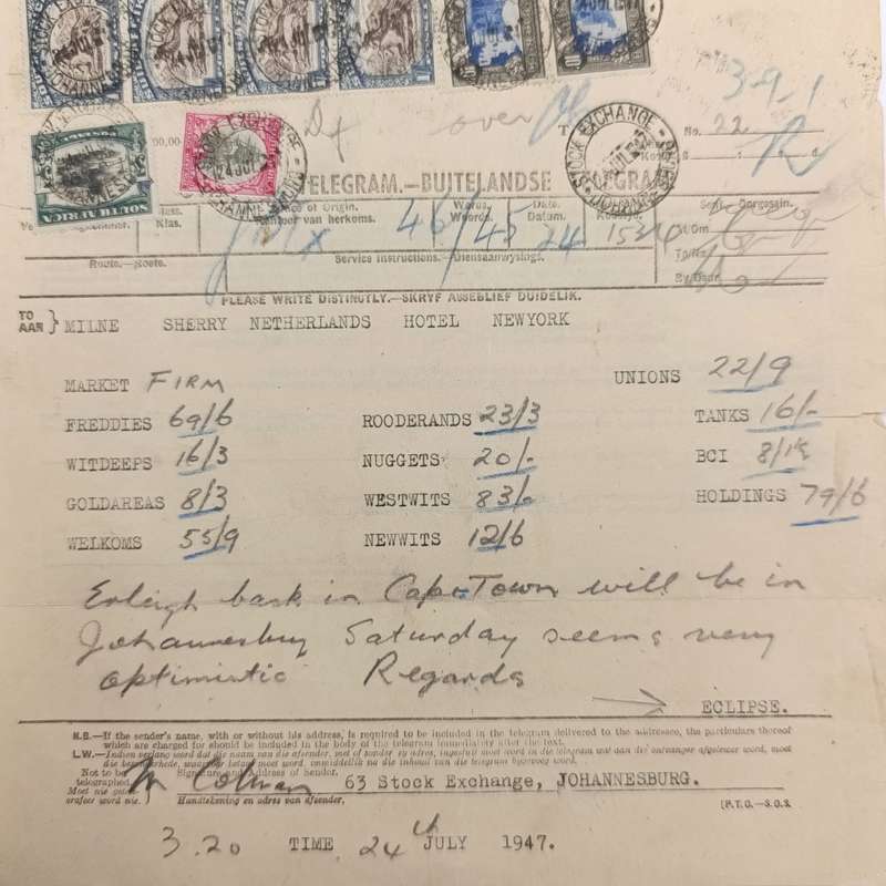Telegram dated 1947 with 8 South African stamps - A stock report sent from South Africa to USA