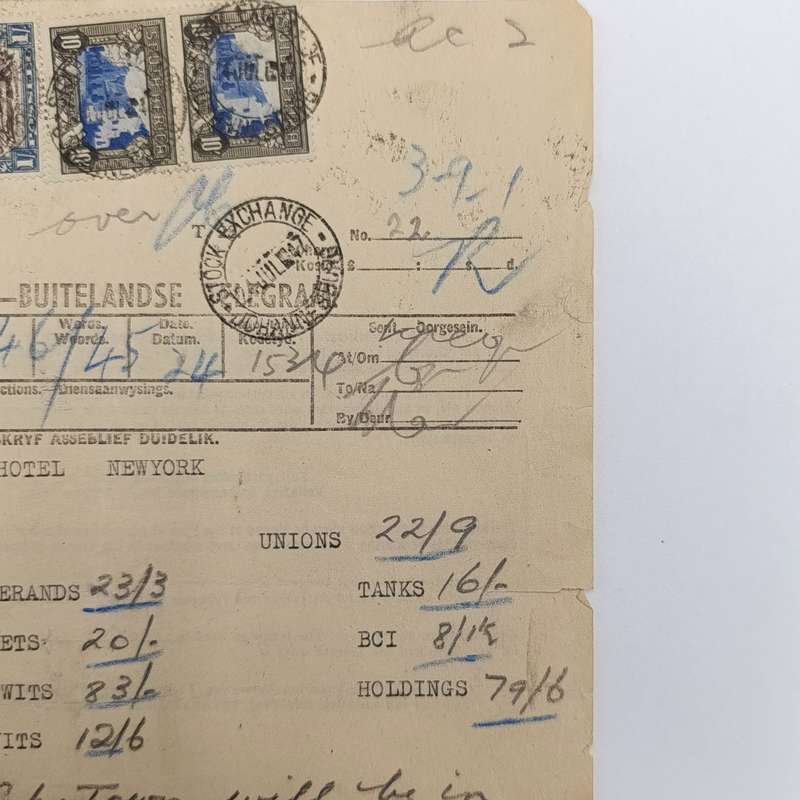 Telegram dated 1947 with 8 South African stamps - A stock report sent from South Africa to USA