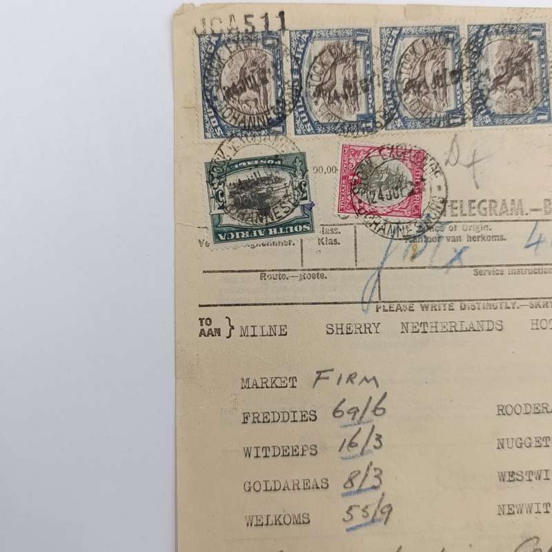 Telegram dated 1947 with 8 South African stamps - A stock report sent from South Africa to USA