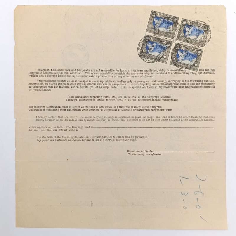 Telegram dated 1947 with 8 South African stamps - A stock report sent from South Africa to USA