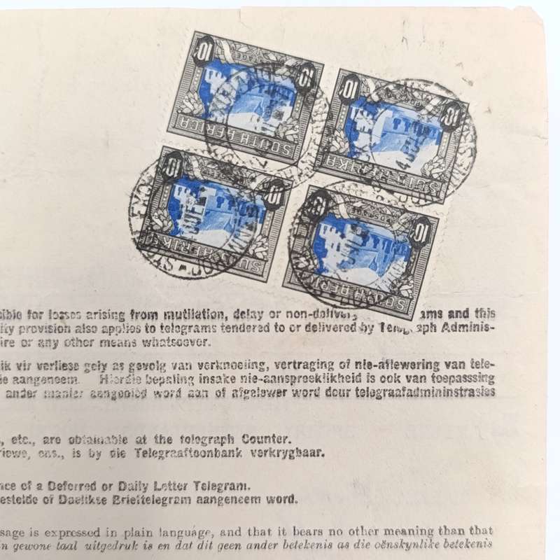 Telegram dated 1947 with 8 South African stamps - A stock report sent from South Africa to USA