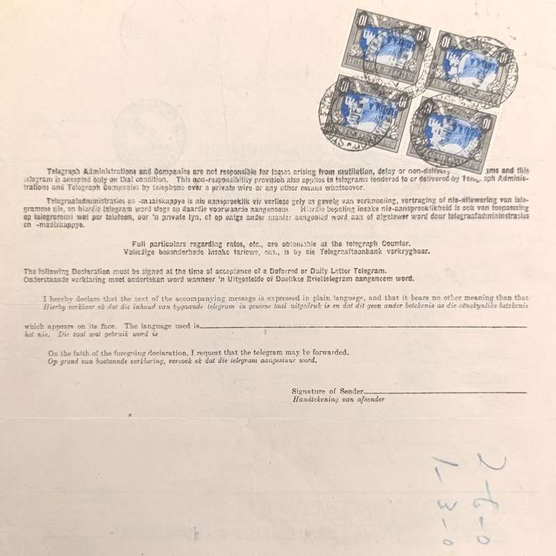 Telegram dated 1947 with 8 South African stamps - A stock report sent from South Africa to USA