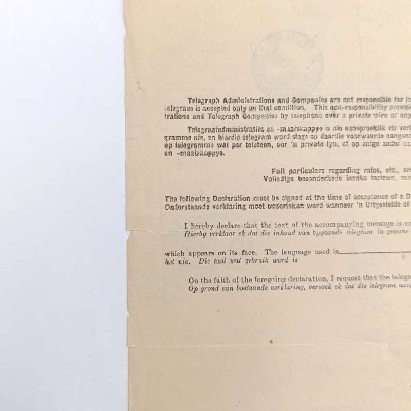 Telegram dated 1947 with 8 South African stamps - A stock report sent from South Africa to USA