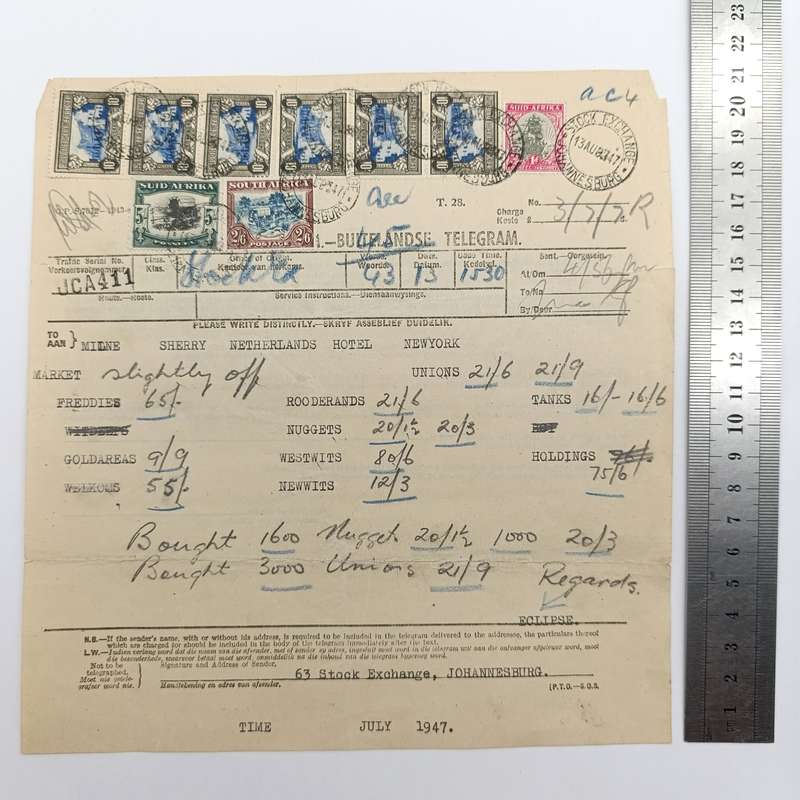 Telegram dated 1947 with 9 South African stamps - A stock report sent from South Africa to USA