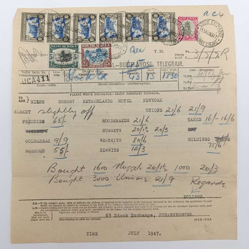 Telegram dated 1947 with 9 South African stamps - A stock report sent from South Africa to USA