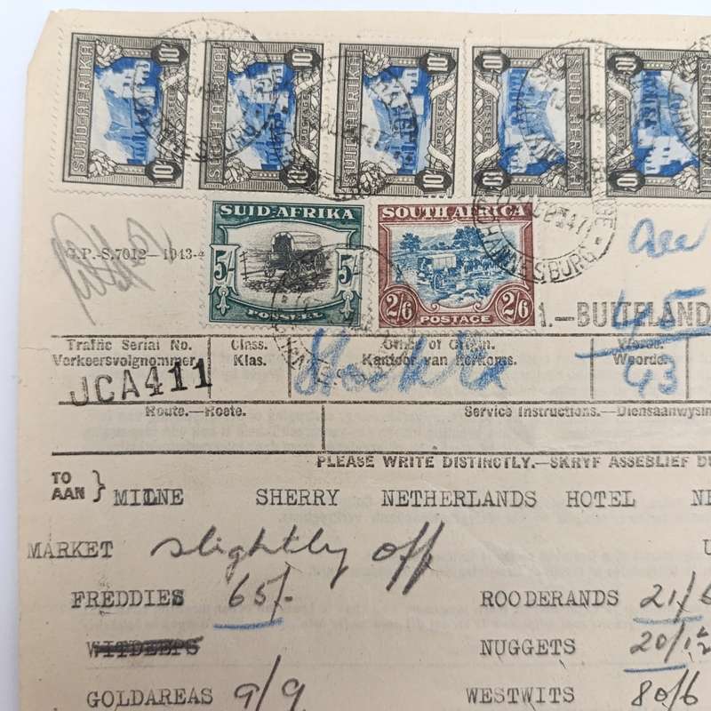 Telegram dated 1947 with 9 South African stamps - A stock report sent from South Africa to USA