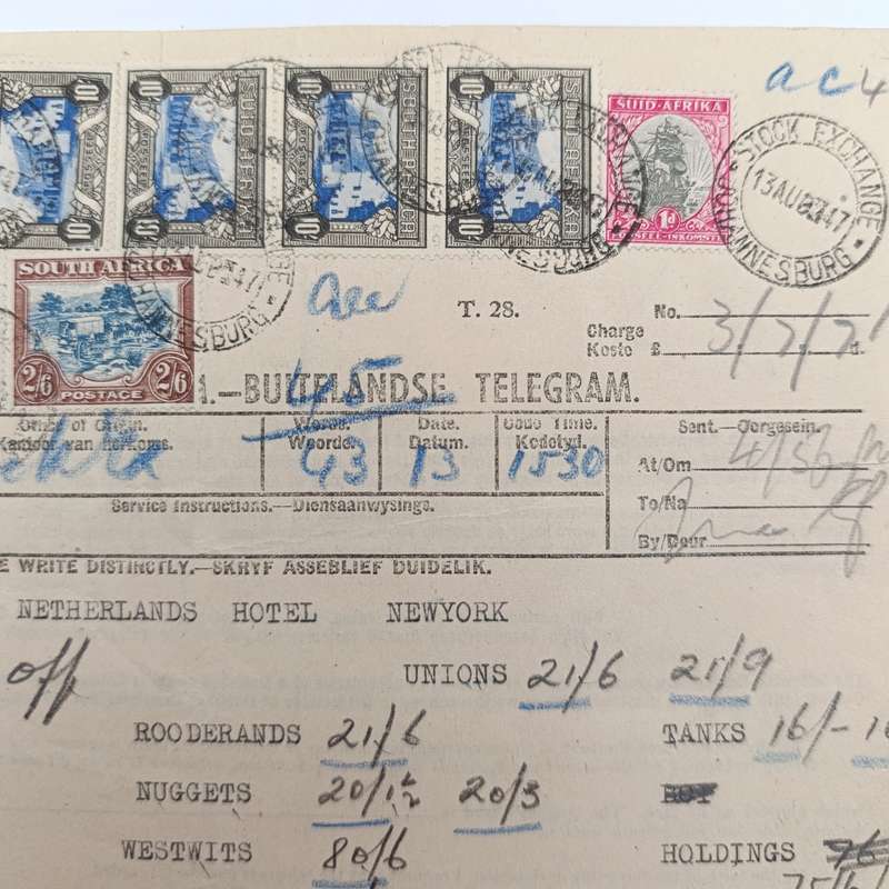 Telegram dated 1947 with 9 South African stamps - A stock report sent from South Africa to USA
