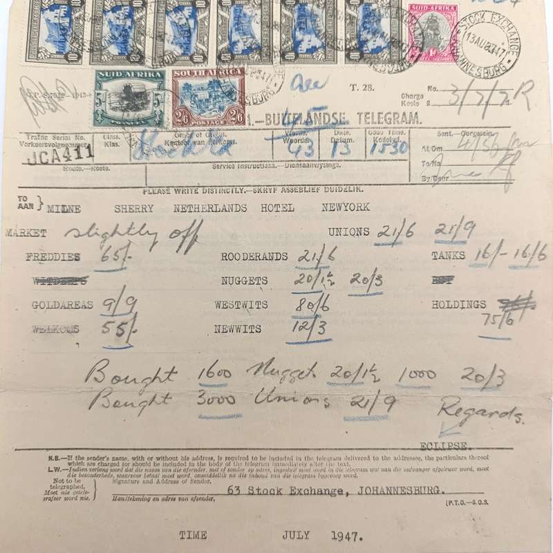 Telegram dated 1947 with 9 South African stamps - A stock report sent from South Africa to USA