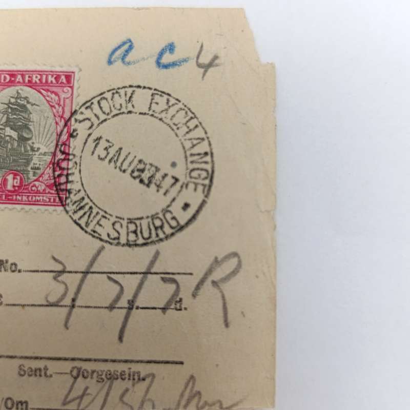Telegram dated 1947 with 9 South African stamps - A stock report sent from South Africa to USA