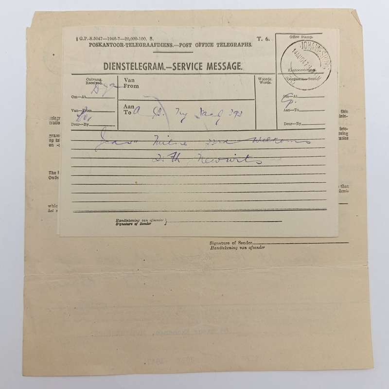 Telegram dated 1947 with 9 South African stamps - A stock report sent from South Africa to USA