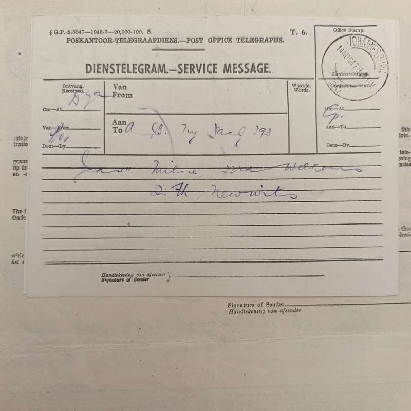 Telegram dated 1947 with 9 South African stamps - A stock report sent from South Africa to USA