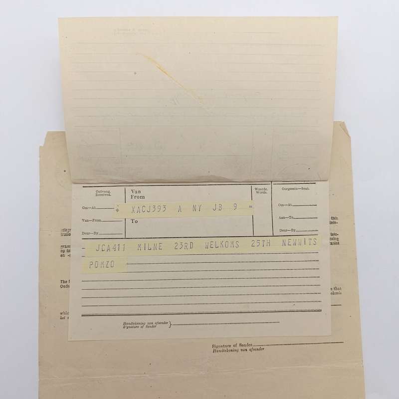 Telegram dated 1947 with 9 South African stamps - A stock report sent from South Africa to USA