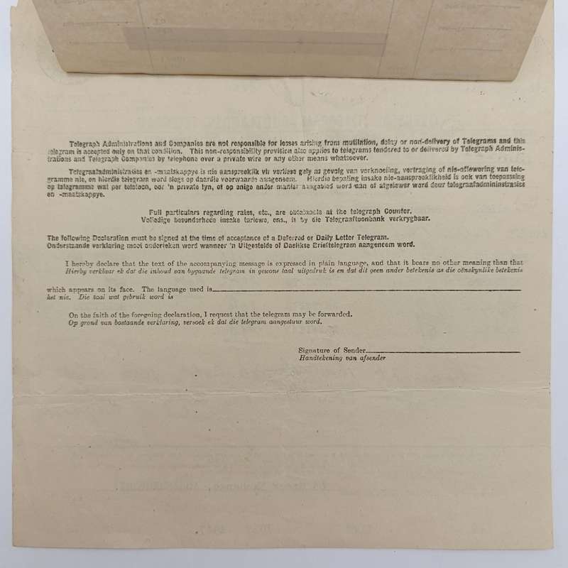 Telegram dated 1947 with 9 South African stamps - A stock report sent from South Africa to USA