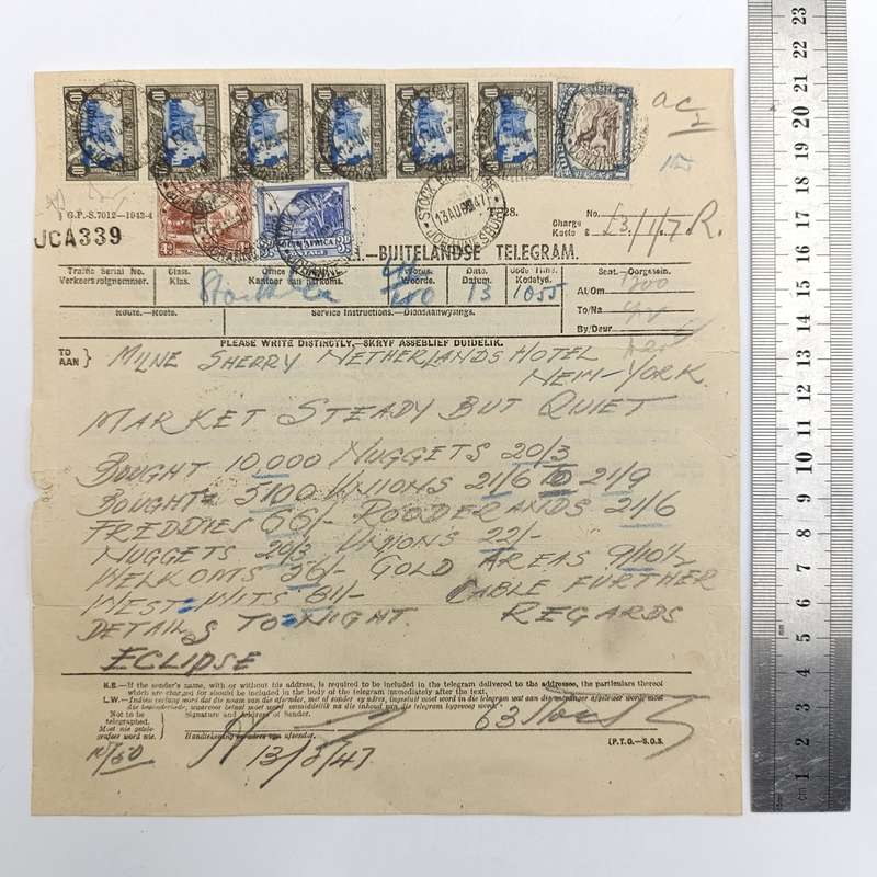 Telegram dated 1947 with 9 South African stamps - A stock report sent from South Africa to USA
