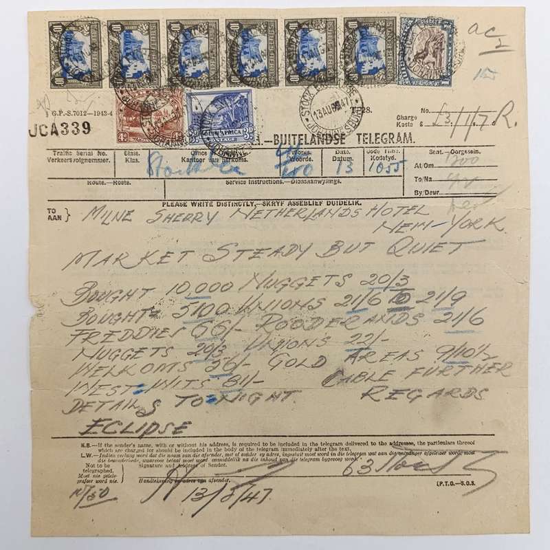 Telegram dated 1947 with 9 South African stamps - A stock report sent from South Africa to USA
