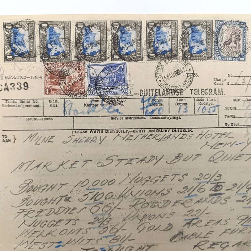 Telegram dated 1947 with 9 South African stamps - A stock report sent from South Africa to USA