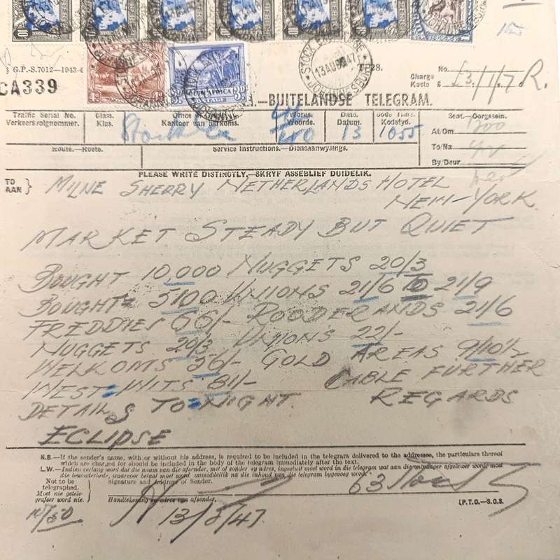 Telegram dated 1947 with 9 South African stamps - A stock report sent from South Africa to USA