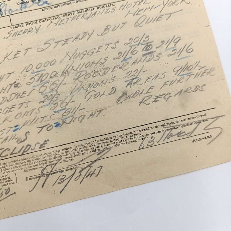 Telegram dated 1947 with 9 South African stamps - A stock report sent from South Africa to USA
