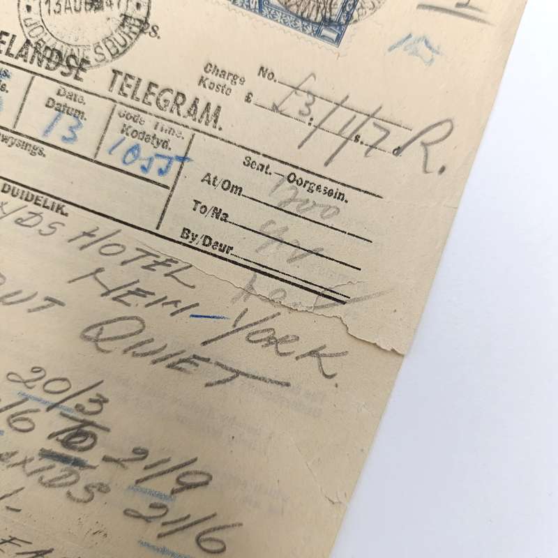 Telegram dated 1947 with 9 South African stamps - A stock report sent from South Africa to USA