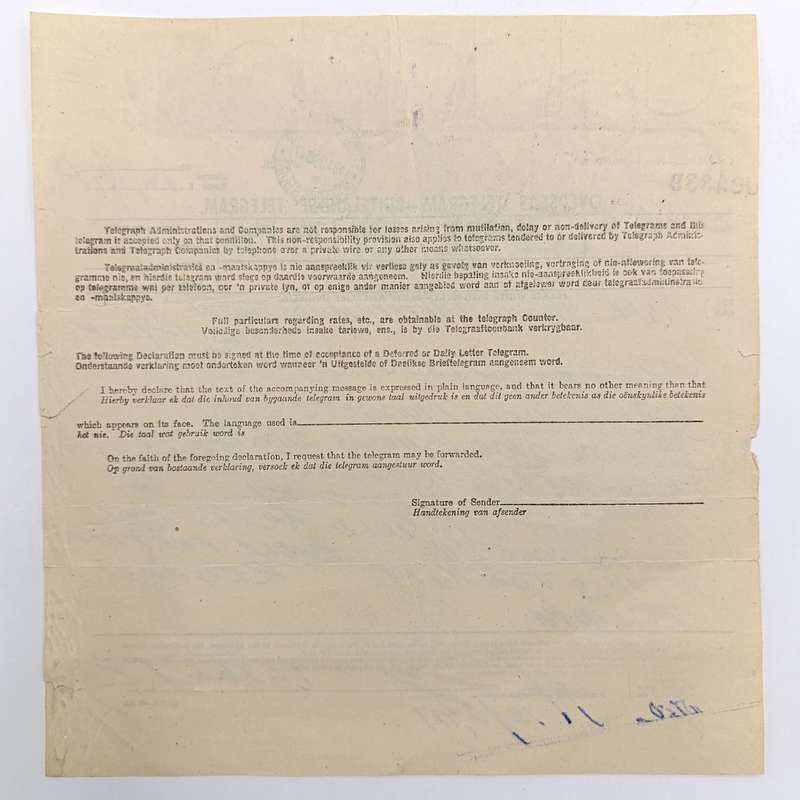 Telegram dated 1947 with 9 South African stamps - A stock report sent from South Africa to USA