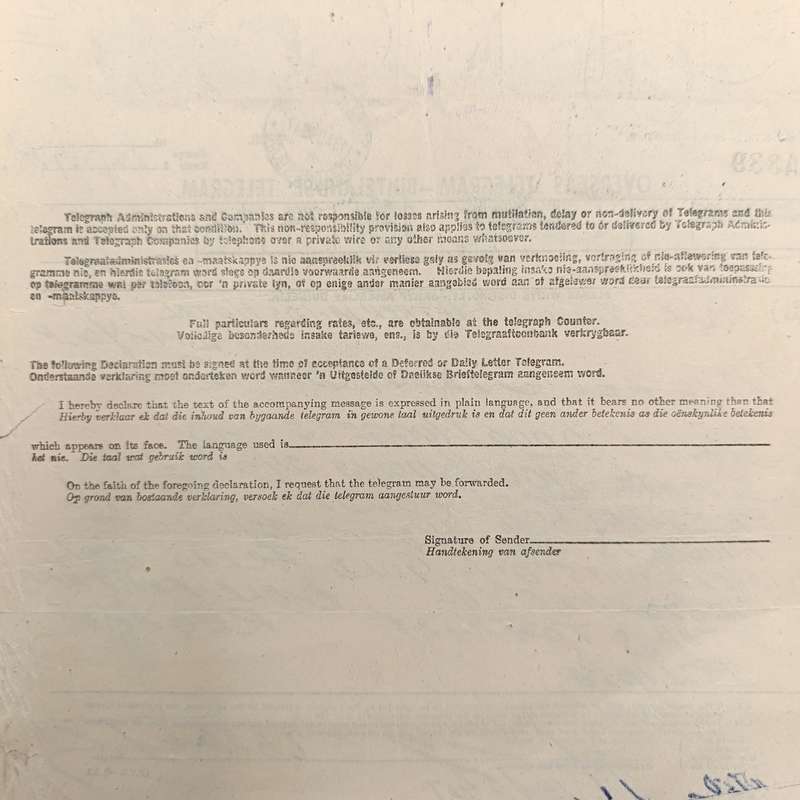 Telegram dated 1947 with 9 South African stamps - A stock report sent from South Africa to USA