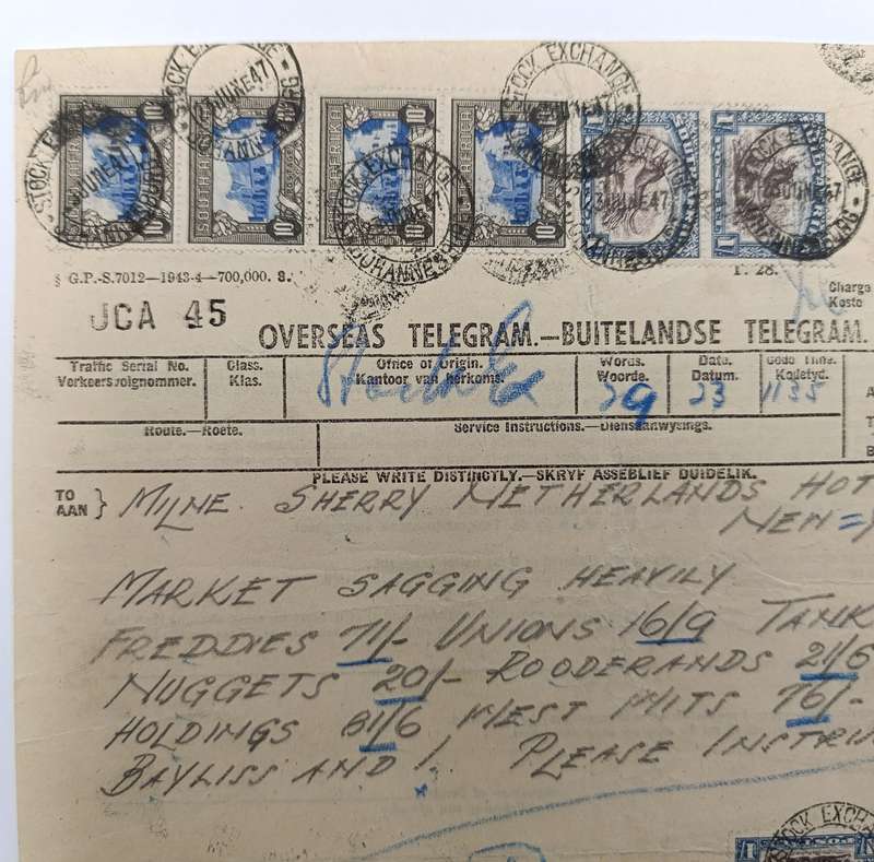 Telegram dated 1947 with 9 South African stamps - a stock report sent from South Africa to USA