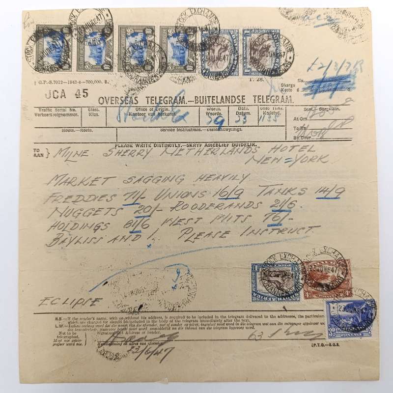 Telegram dated 1947 with 9 South African stamps - a stock report sent from South Africa to USA