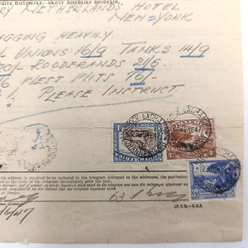Telegram dated 1947 with 9 South African stamps - a stock report sent from South Africa to USA