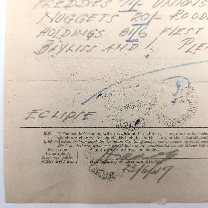 Telegram dated 1947 with 9 South African stamps - a stock report sent from South Africa to USA