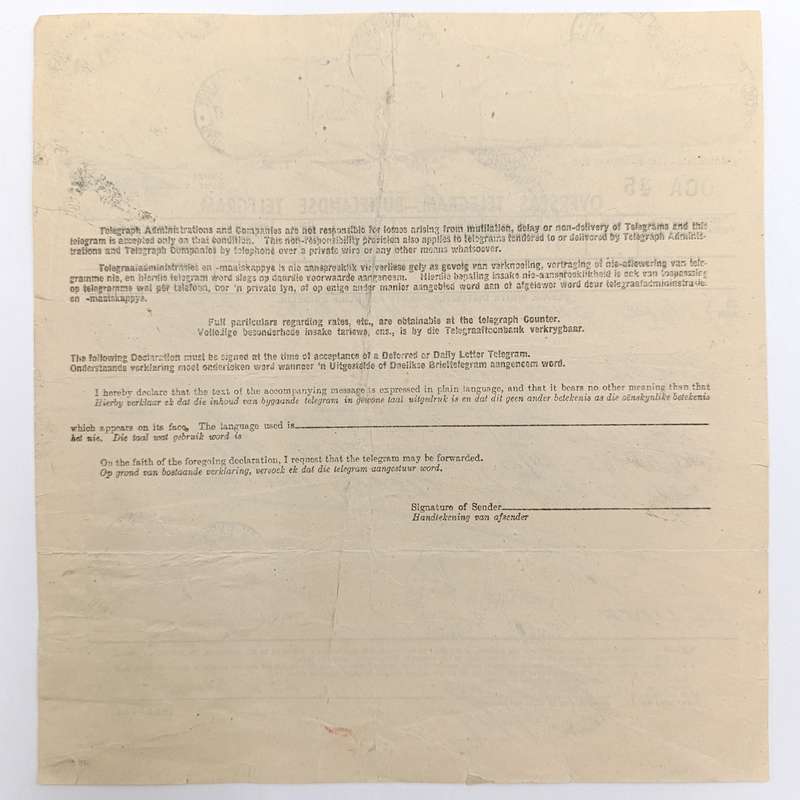 Telegram dated 1947 with 9 South African stamps - a stock report sent from South Africa to USA